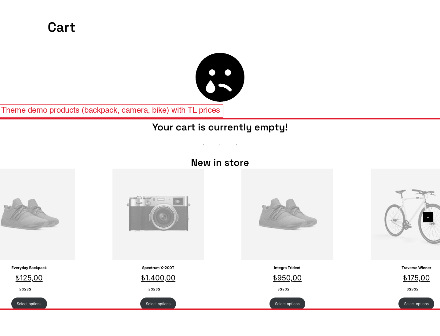 Cart page cross-selling demo backpack, camera, sneakers and bike