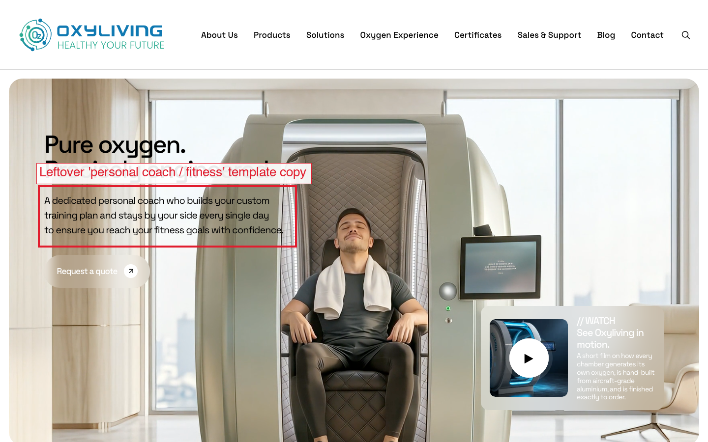 Homepage hero with placeholder fitness copy highlighted