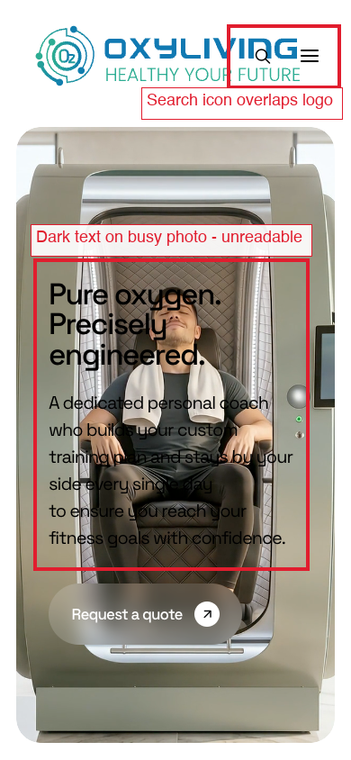 Mobile homepage hero with unreadable text and overlapping icons