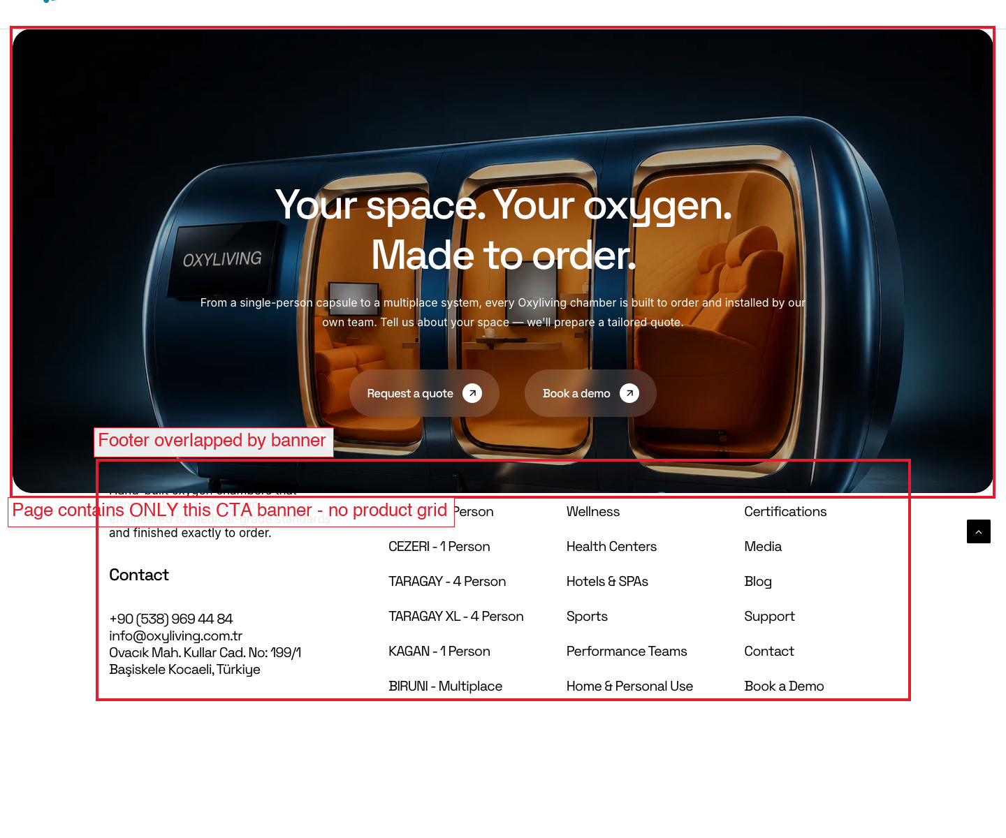Products hub page showing only a CTA banner overlapping the footer